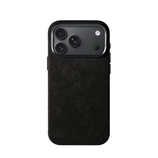 Allgèr Alcantara telefoonhoesje iPhone 18 Pro Max zwart — achterkant op de iPhone