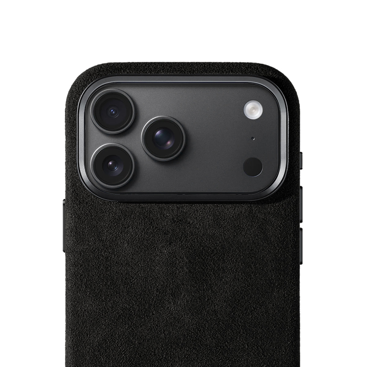 Allgèr Alcantara phone case iPhone 18 Pro Max black — close-up of the camera cutout