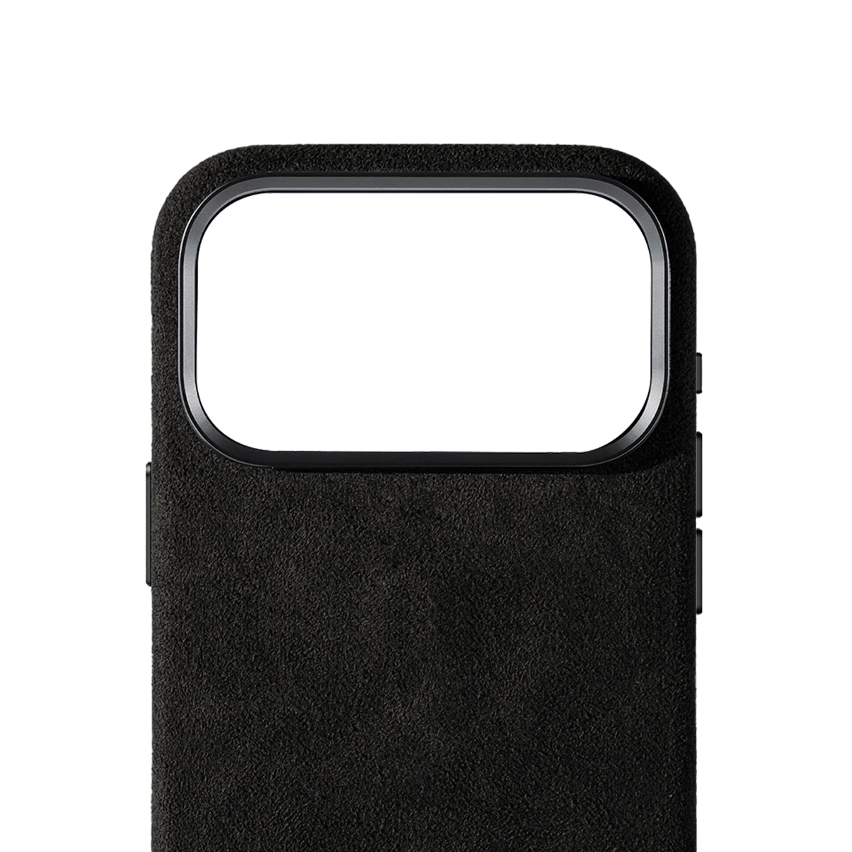 Allgèr Alcantara phone case iPhone 18 Pro Max black — detail of the Alcantara near the camera