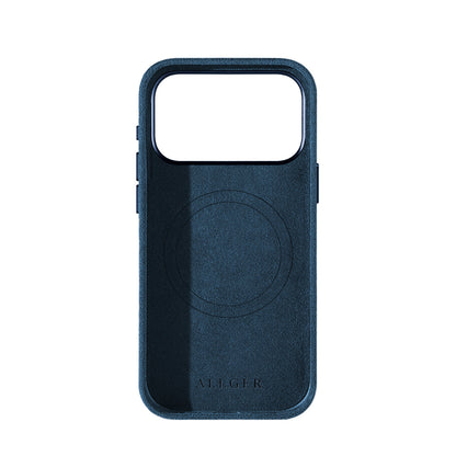 Allgèr set iPhone 18 Pro Max blauw: Alcantara telefoonhoesje + MagSafe wallet — binnenkant met MagSafe-ring
