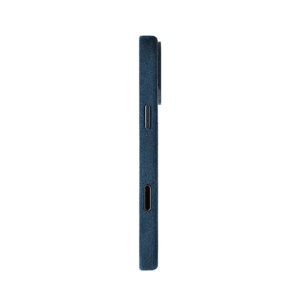 Allgèr Alcantara telefoonhoesje iPhone 18 Pro Max blauw — zijkant met knoppen