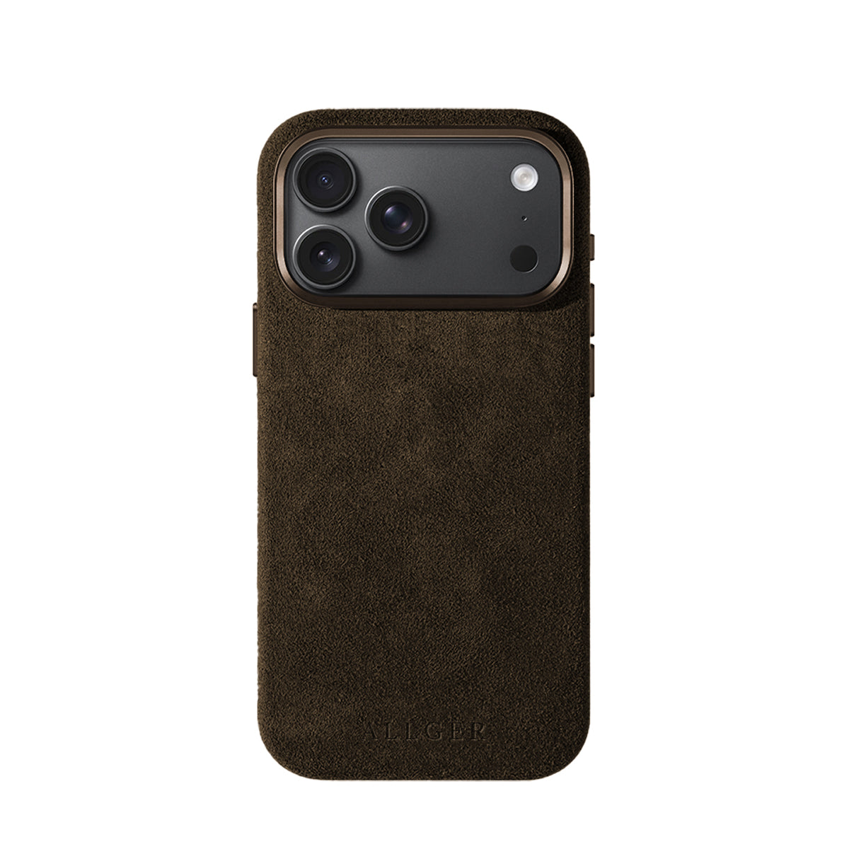 Allgèr set iPhone 18 Pro Max bruin: Alcantara telefoonhoesje + MagSafe wallet — hoesje op de iPhone