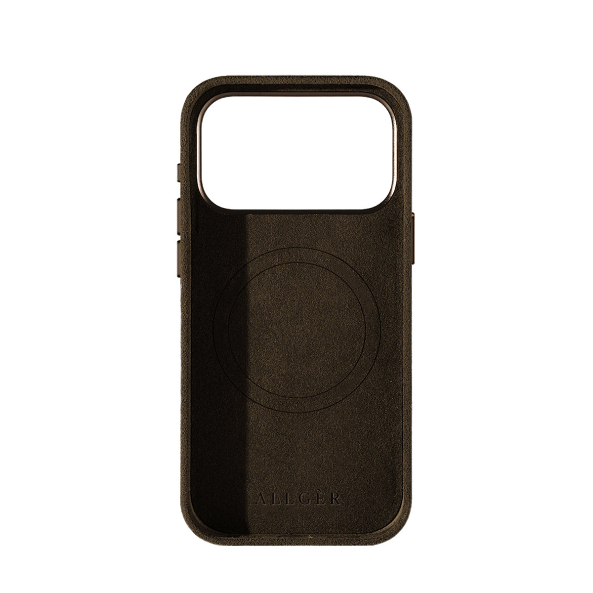 Allgèr set iPhone 17 Pro Max bruin: Alcantara telefoonhoesje + MagSafe wallet — binnenkant met MagSafe-ring