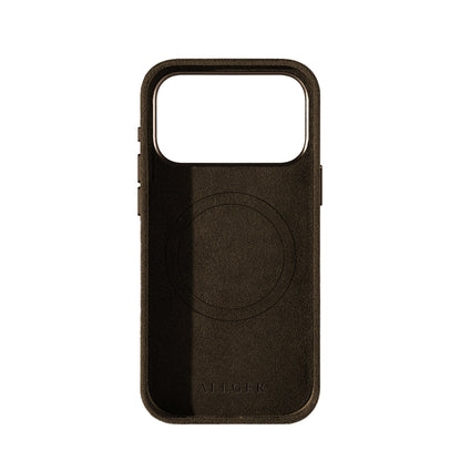 Allgèr Alcantara telefoonhoesje iPhone 17 Pro Max bruin — binnenkant met MagSafe-ring