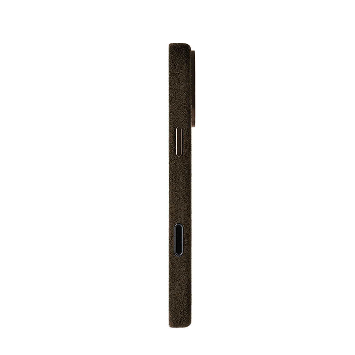 Allgèr Alcantara telefoonhoesje iPhone 17 Pro Max bruin — zijkant met knoppen