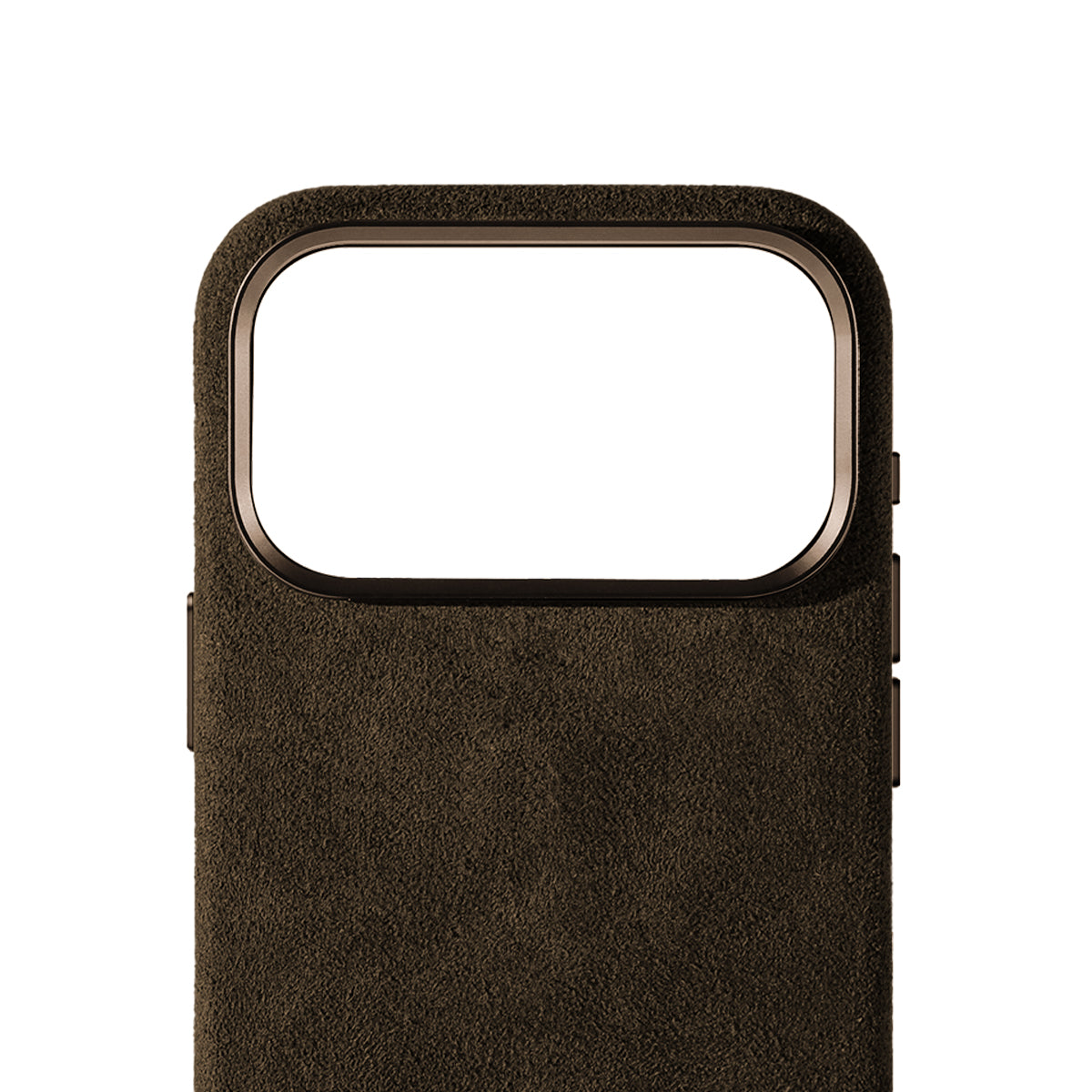Allgèr Alcantara telefoonhoesje iPhone 18 Pro Max bruin — detail van het Alcantara bij de camera