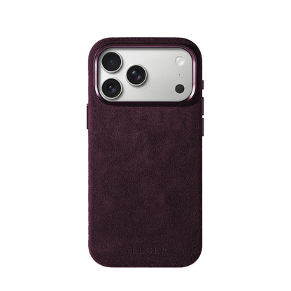Allgèr Alcantara phone case burgundy for iPhone 17 Pro and Pro Max — back of the case with camera cutout