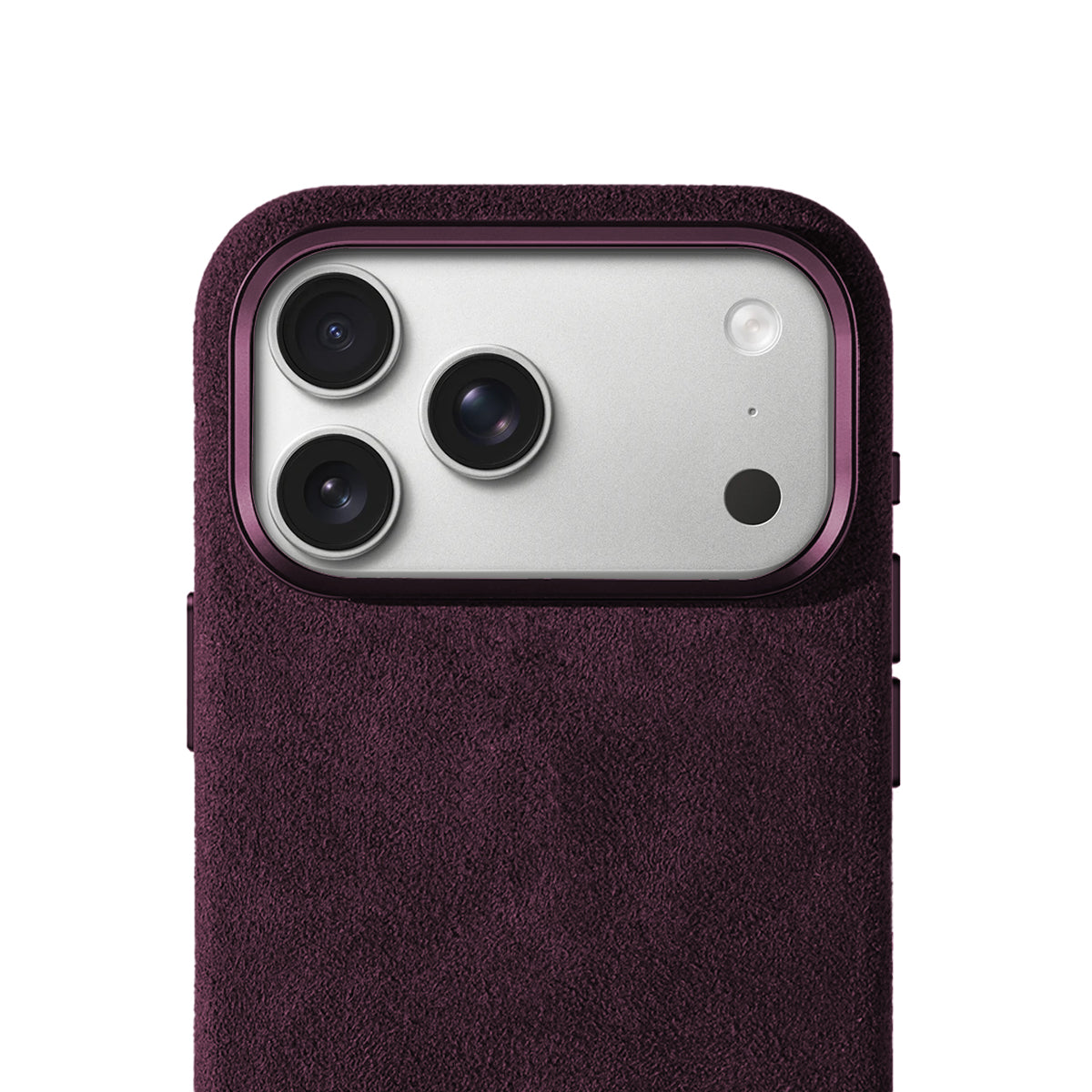Allgèr Alcantara phone case burgundy for iPhone 17 Pro and Pro Max — close-up of the camera cutout