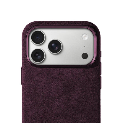 Allgèr Alcantara phone case burgundy for iPhone 17 Pro and Pro Max — close-up of the camera cutout