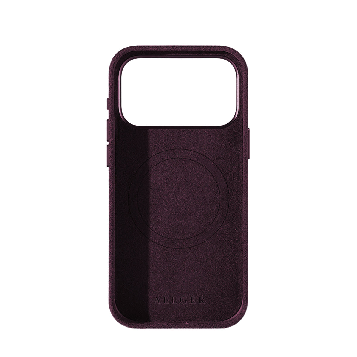Allgèr Alcantara telefoonhoesje iPhone 18 Pro Max burgundy — binnenkant met MagSafe-ring