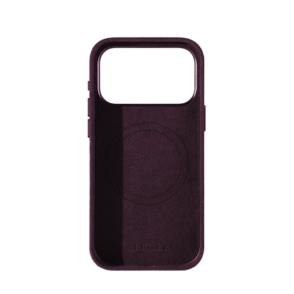 Allgèr Alcantara telefoonhoesje iPhone 18 Pro Max burgundy — binnenkant met MagSafe-ring