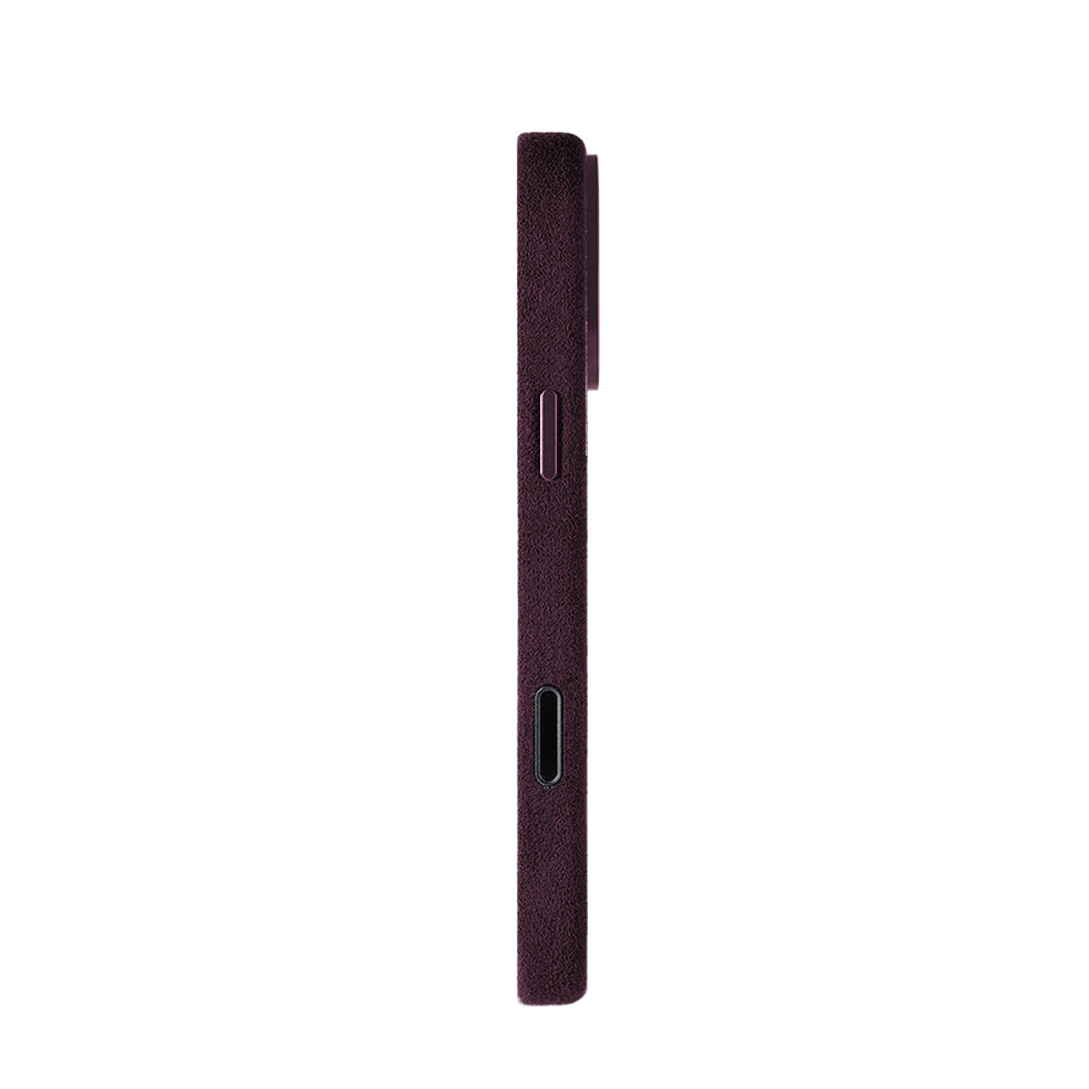 Allgèr Alcantara phone case iPhone 17 Pro Max burgundy — side with the buttons