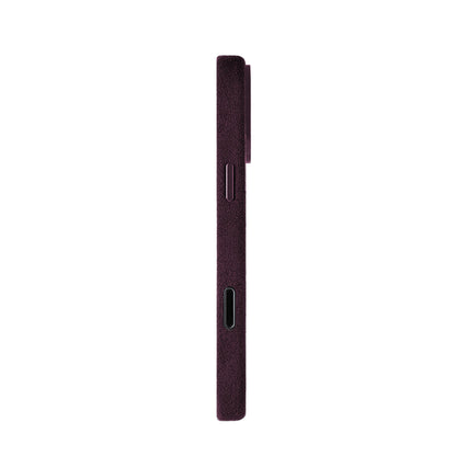 Allgèr Alcantara telefoonhoesje iPhone 18 Pro Max burgundy — zijkant met knoppen