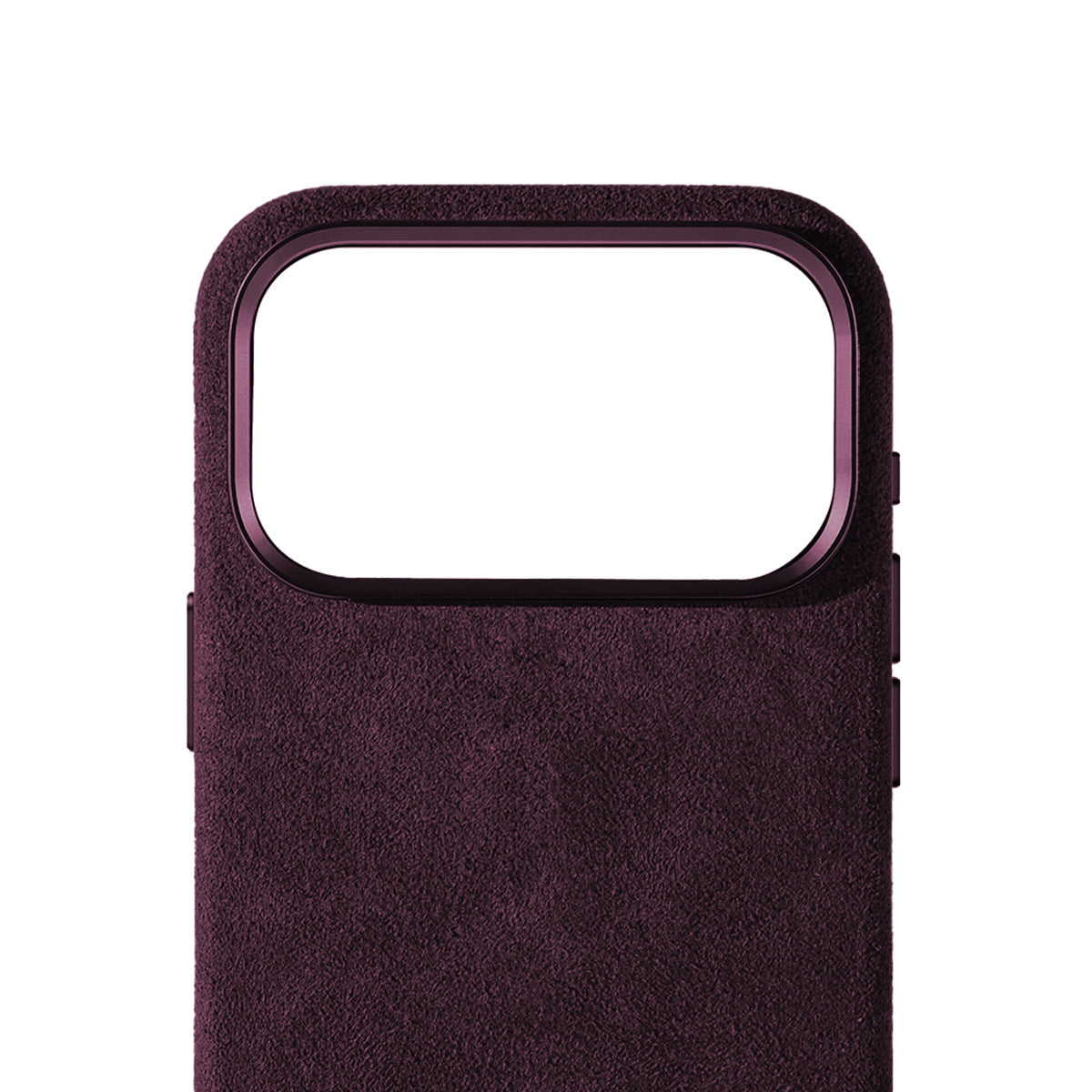 Allgèr Alcantara phone case iPhone 17 Pro Max burgundy — detail of the Alcantara near the camera