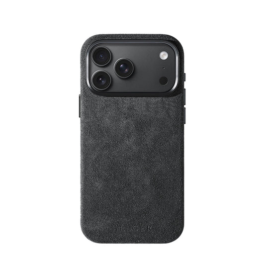 Allgèr Alcantara telefoonhoesje iPhone 18 Pro Max donkergrijs — achterkant op de iPhone