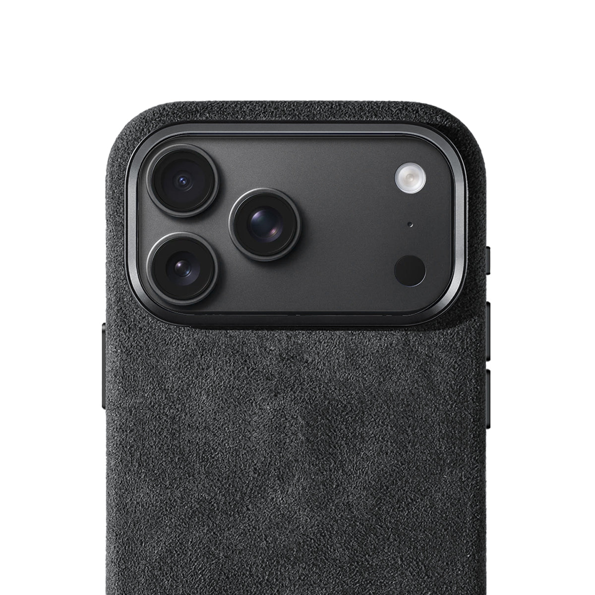 Allgèr Alcantara telefoonhoesje iPhone 18 Pro Max donkergrijs — close-up van de camera-uitsparing