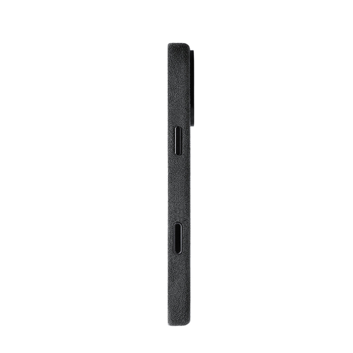 Allgèr Alcantara telefoonhoesje iPhone 18 Pro Max donkergrijs — zijkant met knoppen