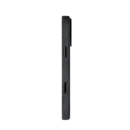 Allgèr Alcantara telefoonhoesje iPhone 18 Pro Max donkergrijs — zijkant met knoppen