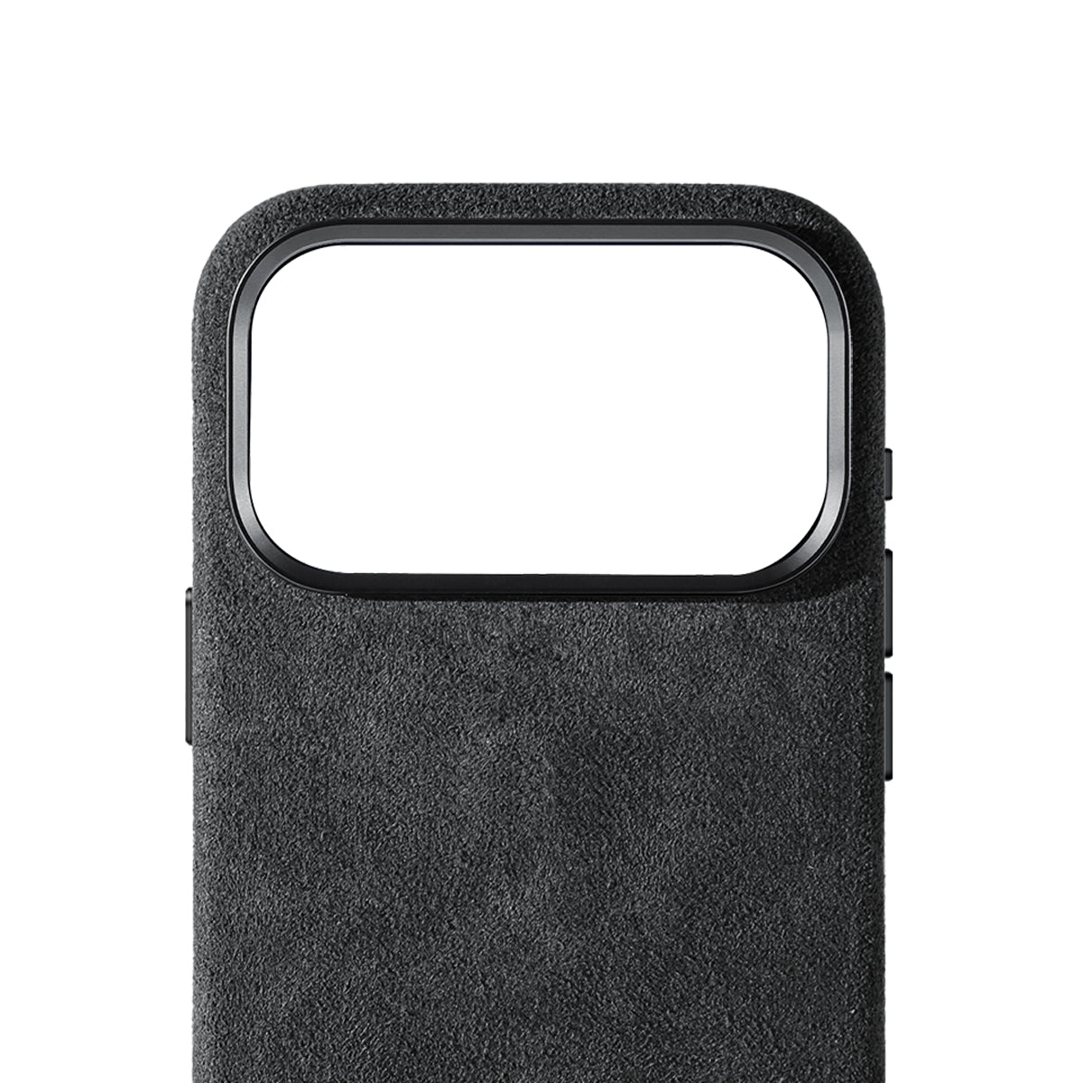 Allgèr Alcantara telefoonhoesje iPhone 18 Pro Max donkergrijs — detail van het Alcantara bij de camera