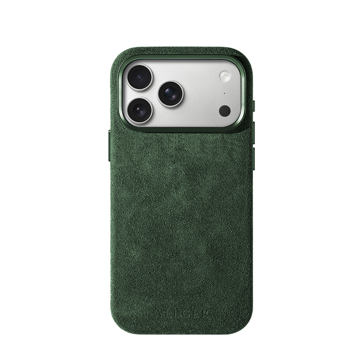 Allgèr Alcantara telefoonhoesje iPhone 18 Pro Max groen — achterkant op de iPhone