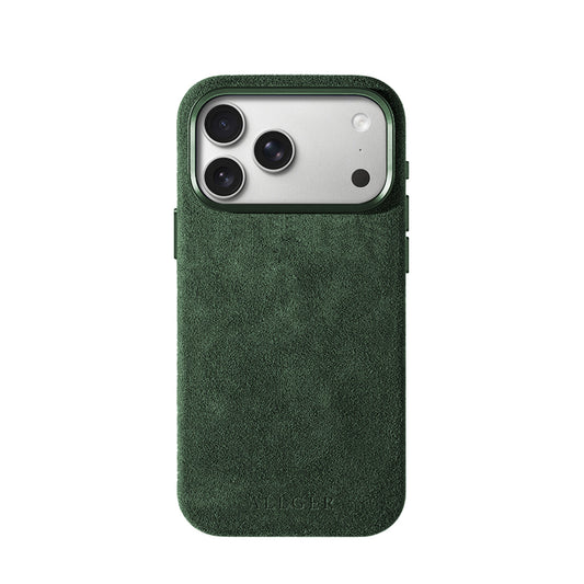 Allgèr Alcantara telefoonhoesje iPhone 18 Pro Max groen — achterkant op de iPhone