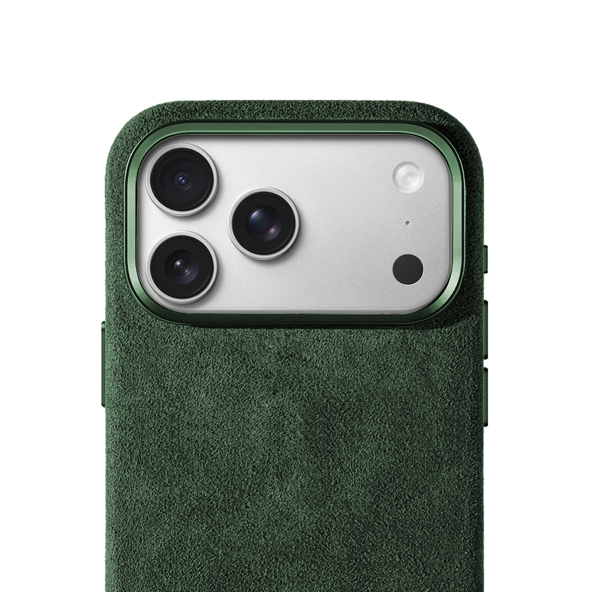 Allgèr Set iPhone 18 Pro Max Grün: Alcantara Handyhülle + MagSafe Wallet — Nahaufnahme der Kameraaussparung