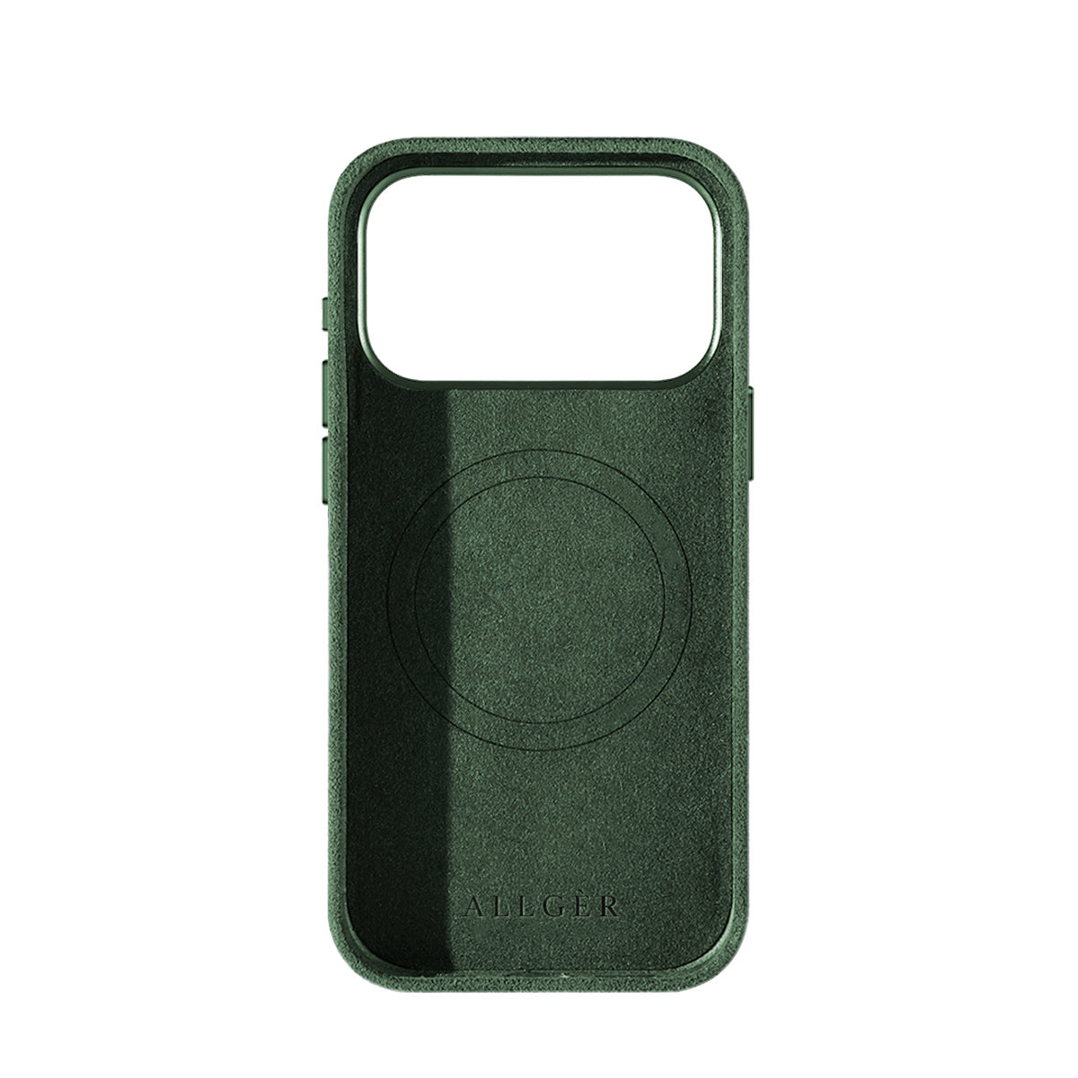 Allgèr Alcantara telefoonhoesje iPhone 18 Pro Max groen — binnenkant met MagSafe-ring