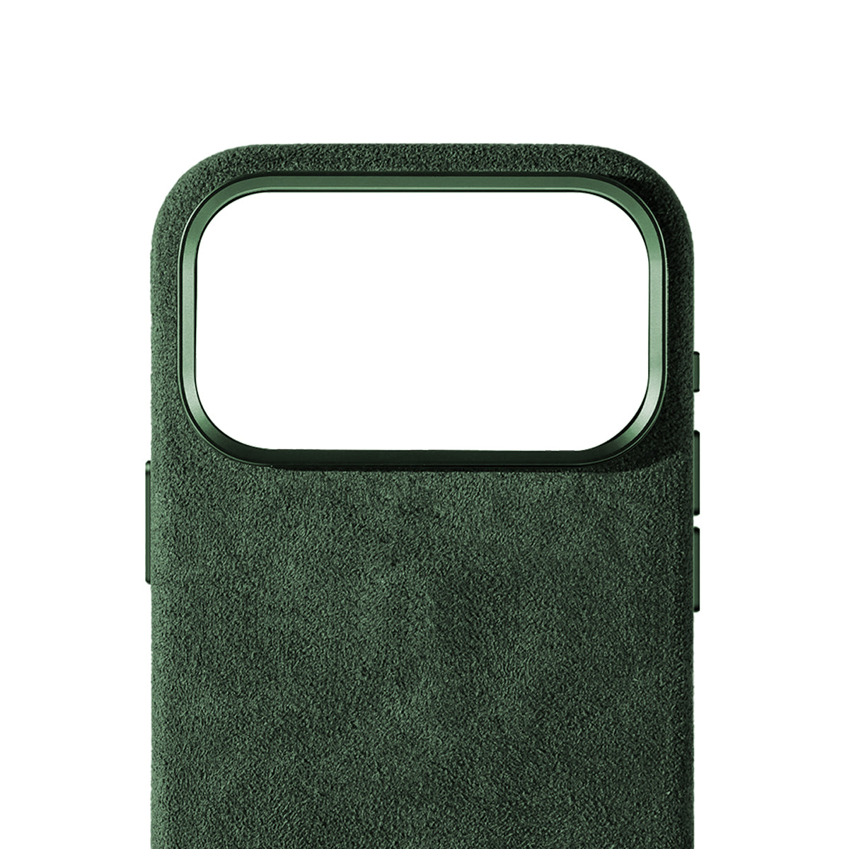 Allgèr Alcantara telefoonhoesje iPhone 18 Pro Max groen — detail van het Alcantara bij de camera