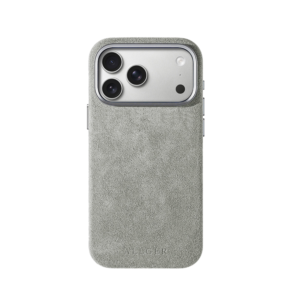 Allgèr Alcantara phone case iPhone 17 Pro Max light grey — back on the iPhone