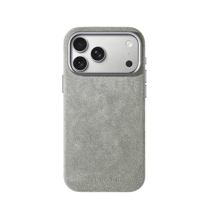 Allgèr Alcantara phone case iPhone 17 Pro Max light grey — back on the iPhone