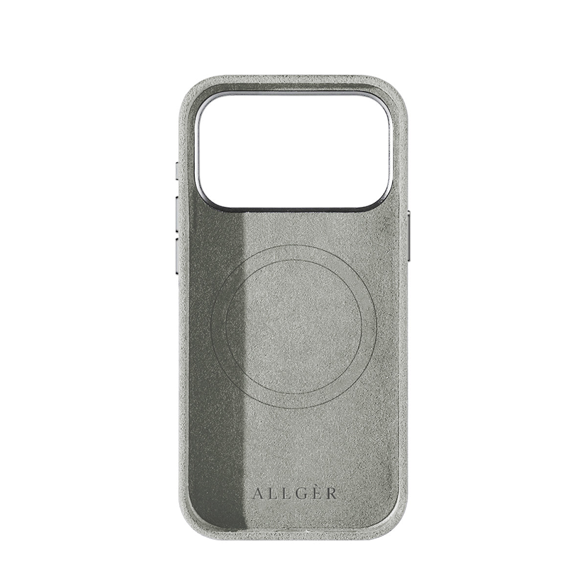Allgèr set iPhone 18 Pro Max lichtgrijs: Alcantara telefoonhoesje + MagSafe wallet — binnenkant met MagSafe-ring