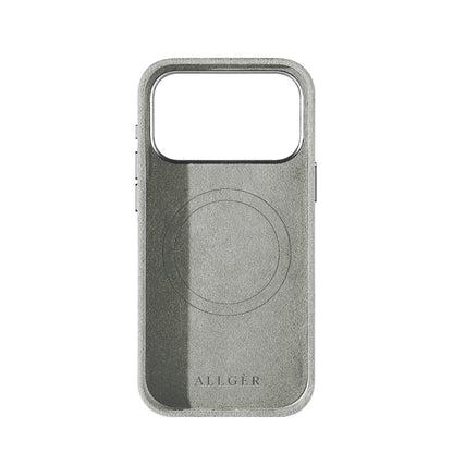 Allgèr Alcantara telefoonhoesje iPhone 18 Pro Max lichtgrijs — binnenkant met MagSafe-ring