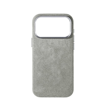 Allgèr set iPhone 17 Pro Max lichtgrijs: Alcantara telefoonhoesje + MagSafe wallet — het hoesje los