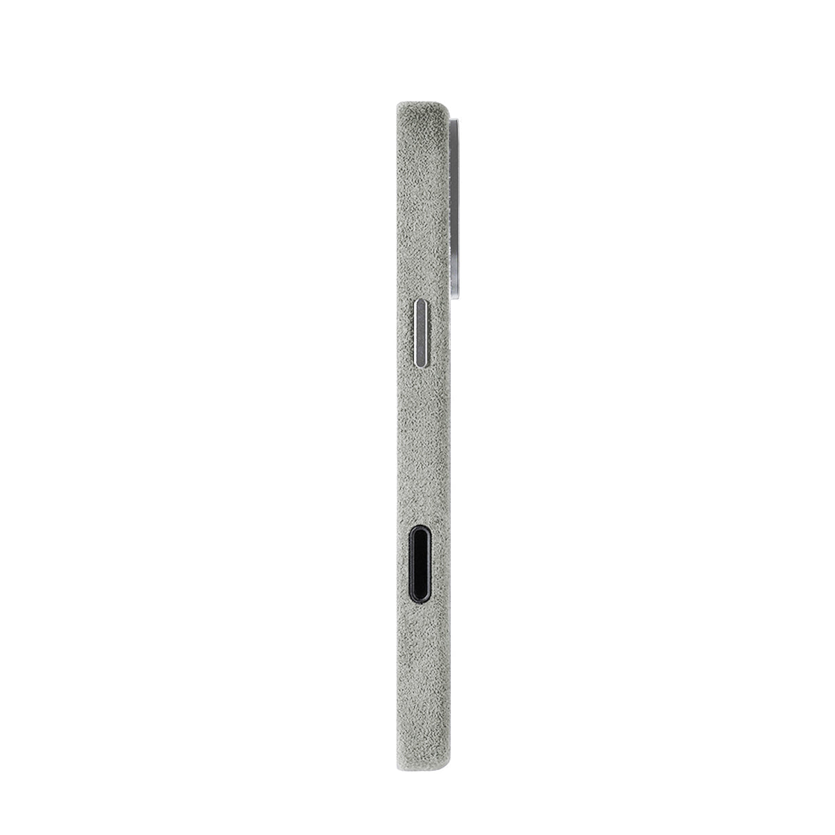 Allgèr Alcantara phone case iPhone 17 Pro Max light grey — side with the buttons