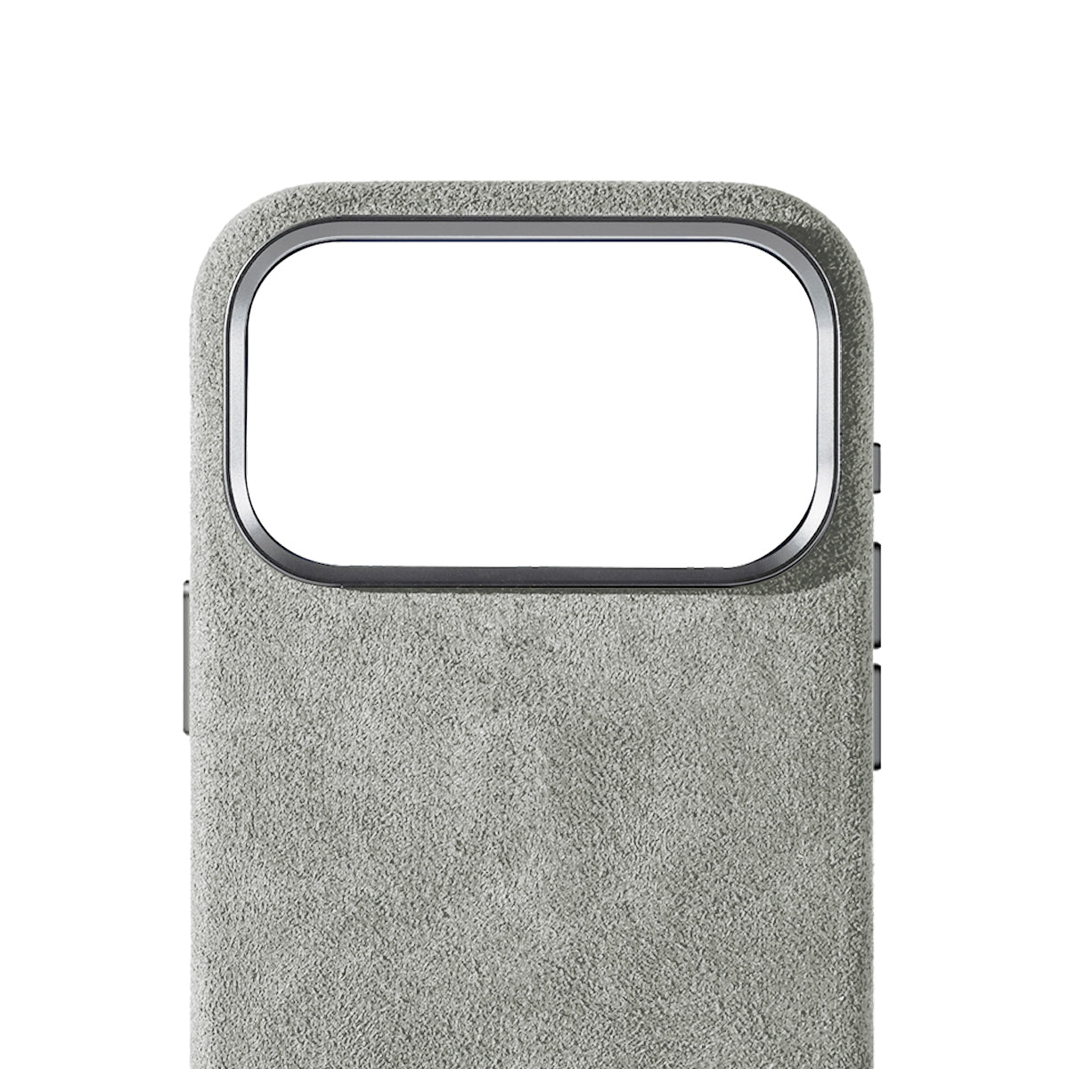 Allgèr Alcantara telefoonhoesje iPhone 18 Pro Max lichtgrijs — detail van het Alcantara bij de camera