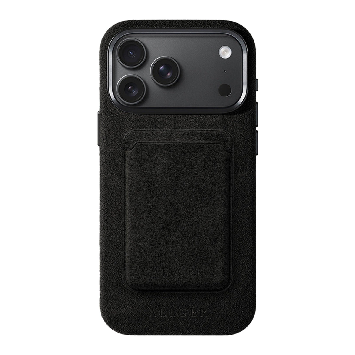 Allgèr set: Alcantara telefoonhoesje voor iPhone 18 Pro Max met bijpassende MagSafe-pasjeshouder in zwart