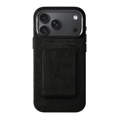 Allgèr set: Alcantara telefoonhoesje voor iPhone 18 Pro Max met bijpassende MagSafe-pasjeshouder in zwart