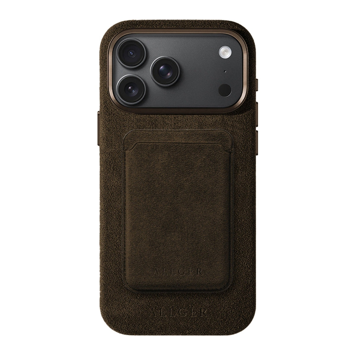 Allgèr set: Alcantara telefoonhoesje voor iPhone 18 Pro Max met bijpassende MagSafe-pasjeshouder in bruin