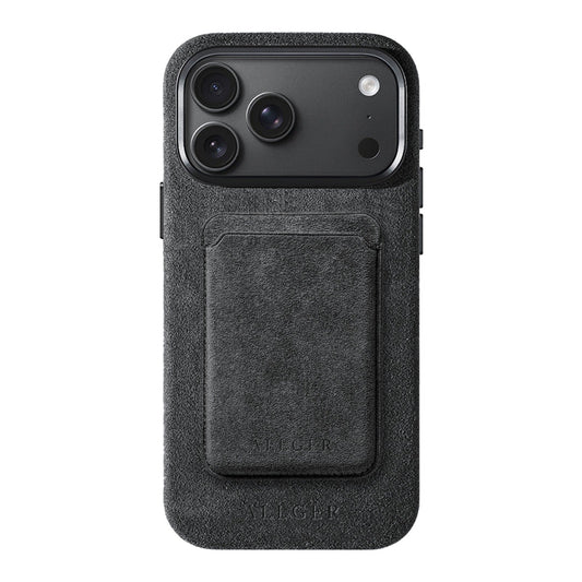 Allgèr set: Alcantara telefoonhoesje voor iPhone 18 Pro Max met bijpassende MagSafe-pasjeshouder in donkergrijs