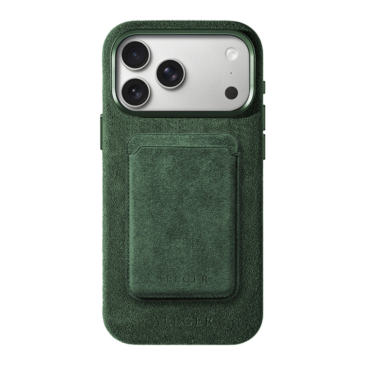 Allgèr Set: Alcantara Handyhülle für iPhone 18 Pro Max mit passendem MagSafe-Kartenhalter in Grün