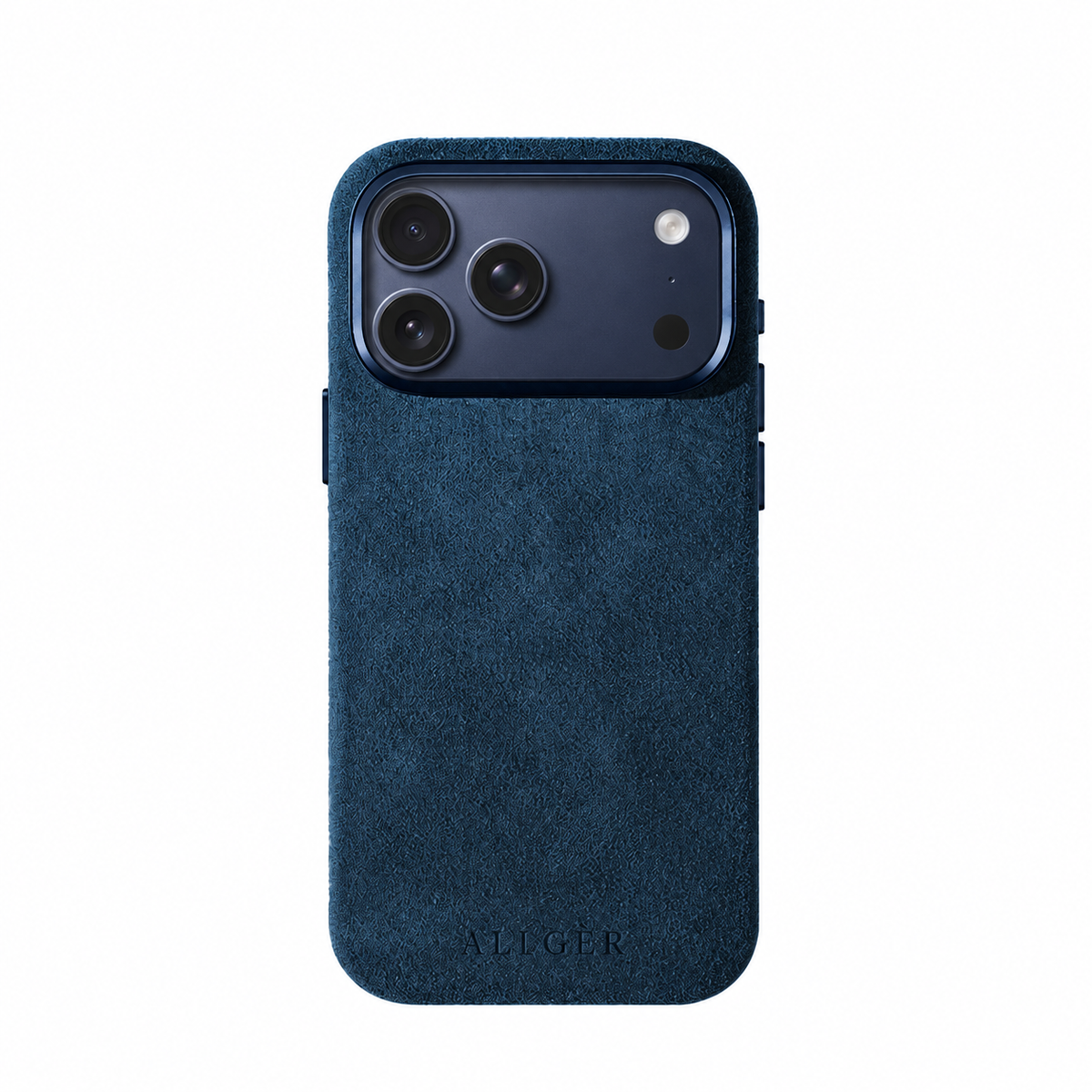 Blauw Alcantara telefoonhoesje Allgèr voor iPhone 17 Pro en 17 Pro Max — achterkant met camera-uitsparing en logo