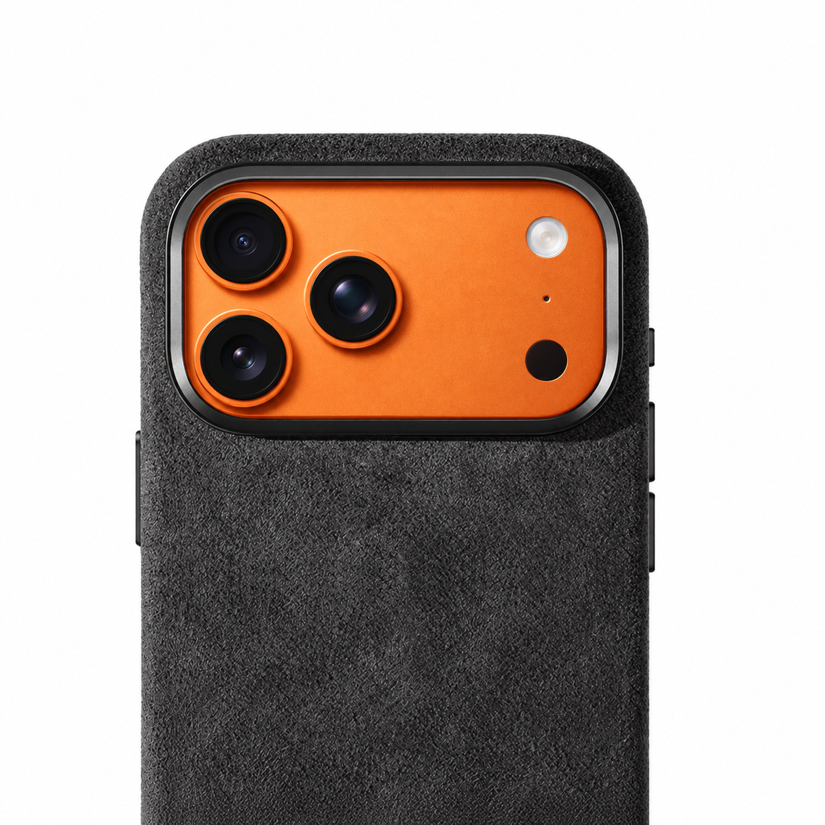 Dark grey Alcantara phone case by Allgèr for iPhone 17 Pro and 17 Pro Max — close-up of the camera cutout and the Alcantara