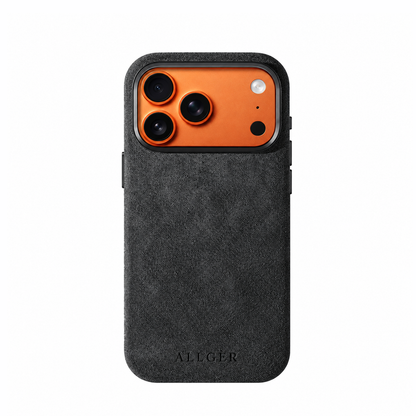 Dark grey Alcantara phone case by Allgèr for iPhone 17 Pro and 17 Pro Max — back view with orange camera cutout and logo