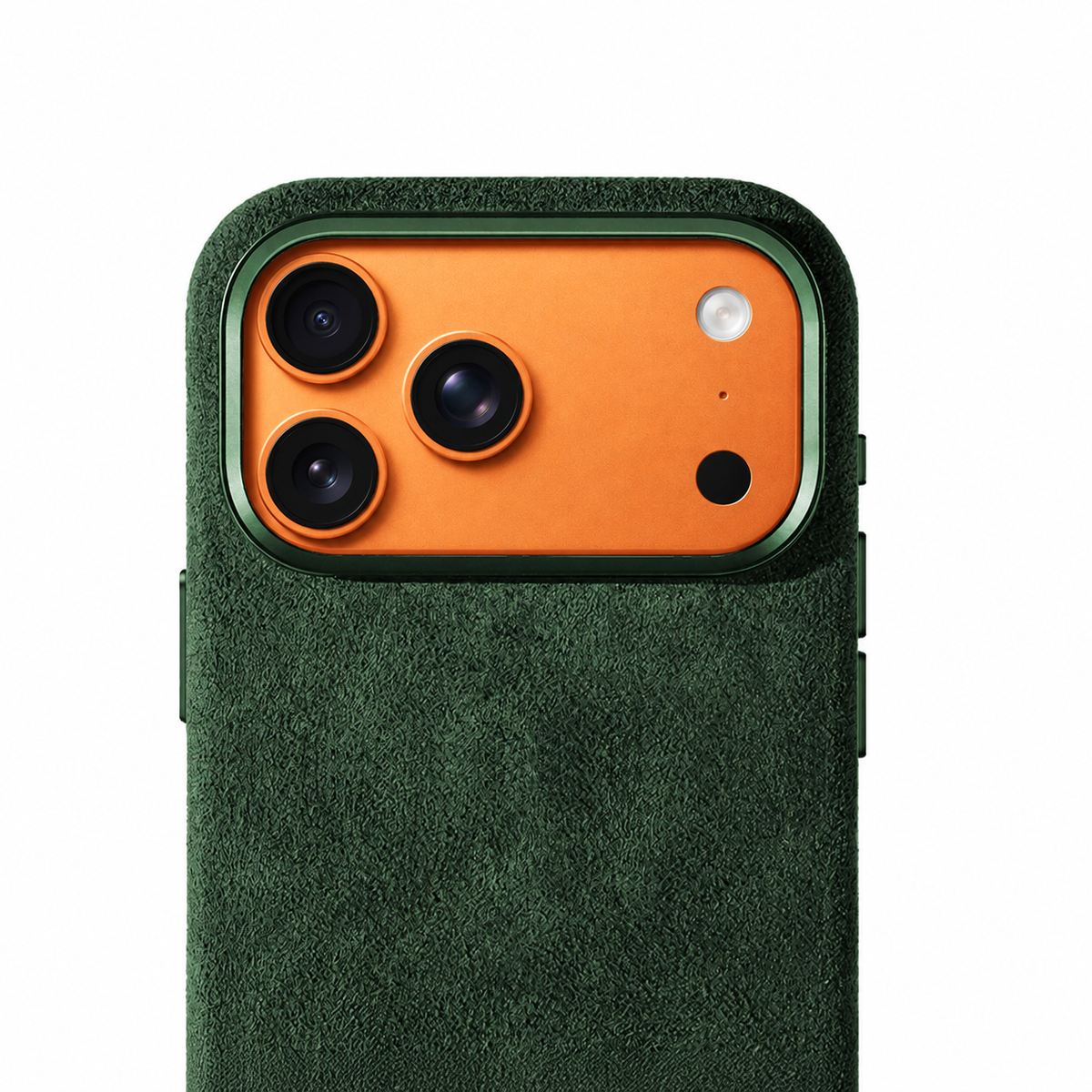 Green Alcantara phone case by Allgèr for iPhone 17 Pro and 17 Pro Max — close-up of the camera cutout and the Alcantara