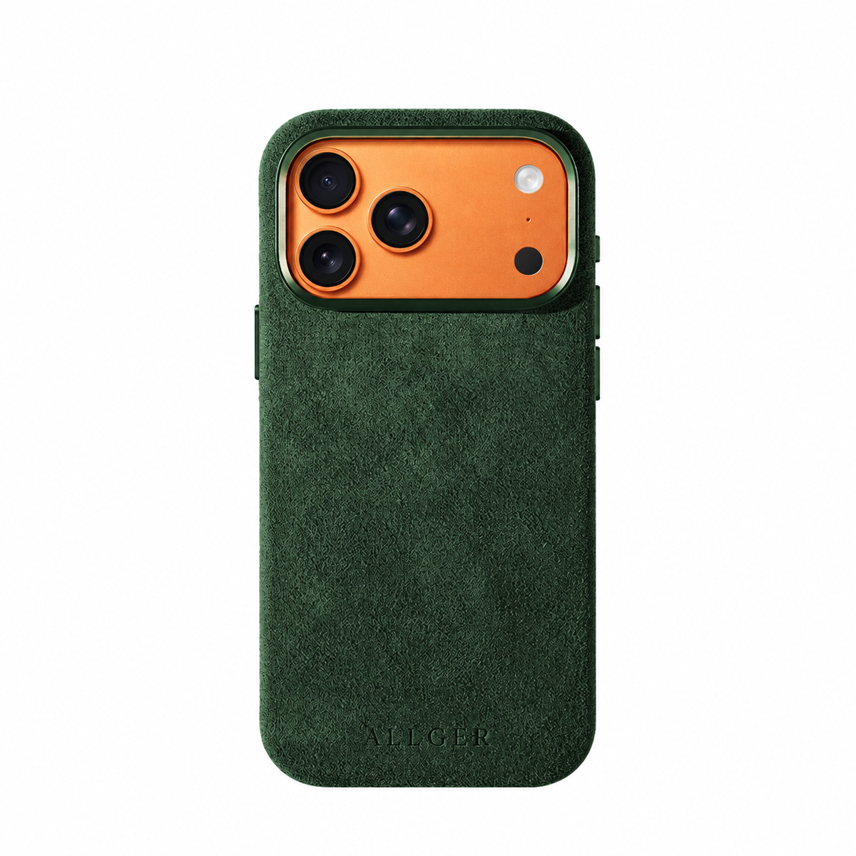 Green Alcantara phone case by Allgèr for iPhone 17 Pro and 17 Pro Max — back with camera cutout and logo