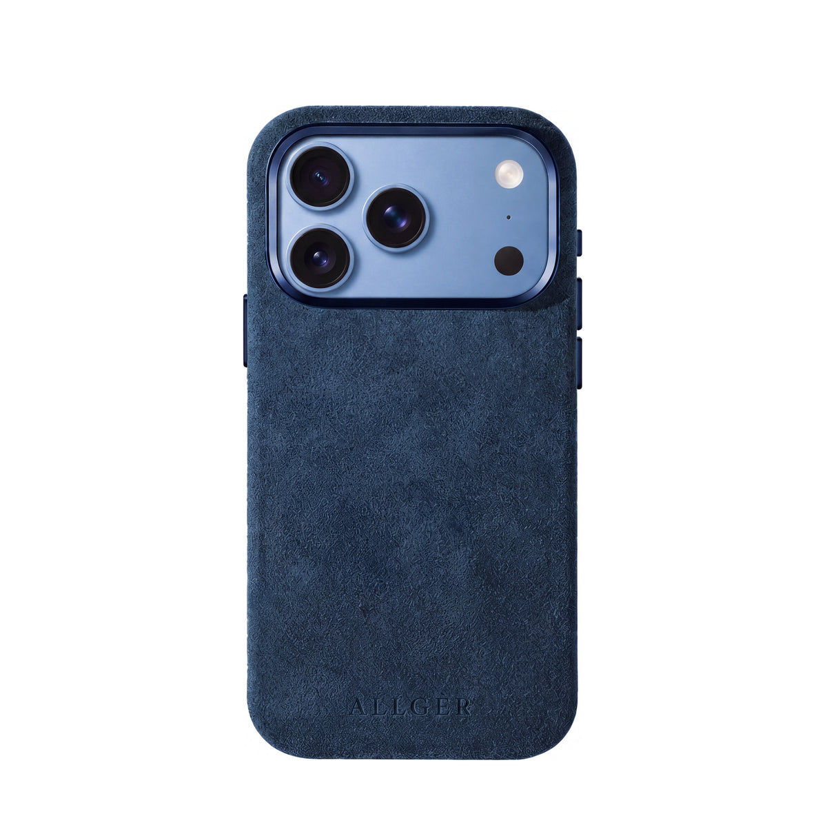 Allgèr Alcantara telefoonhoesje blauw voor iPhone 18 Pro — achterkant van het hoesje met camera-uitsparing