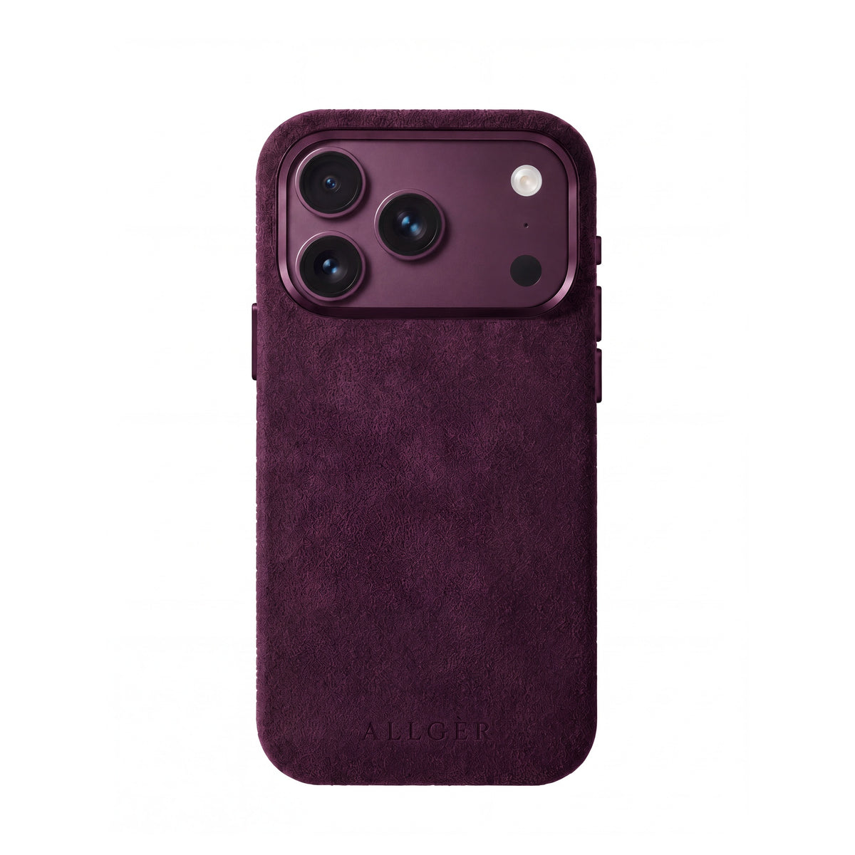 Allgèr Alcantara telefoonhoesje burgundy voor iPhone 18 Pro — achterkant van het hoesje met camera-uitsparing