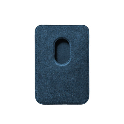 Allgèr set iPhone 17 Pro Max blauw: Alcantara telefoonhoesje + MagSafe wallet — achterkant van de wallet