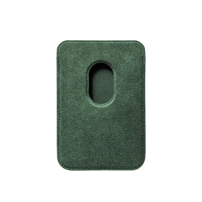 Allgèr set iPhone 18 Pro groen: Alcantara telefoonhoesje + MagSafe wallet — achterkant van de wallet