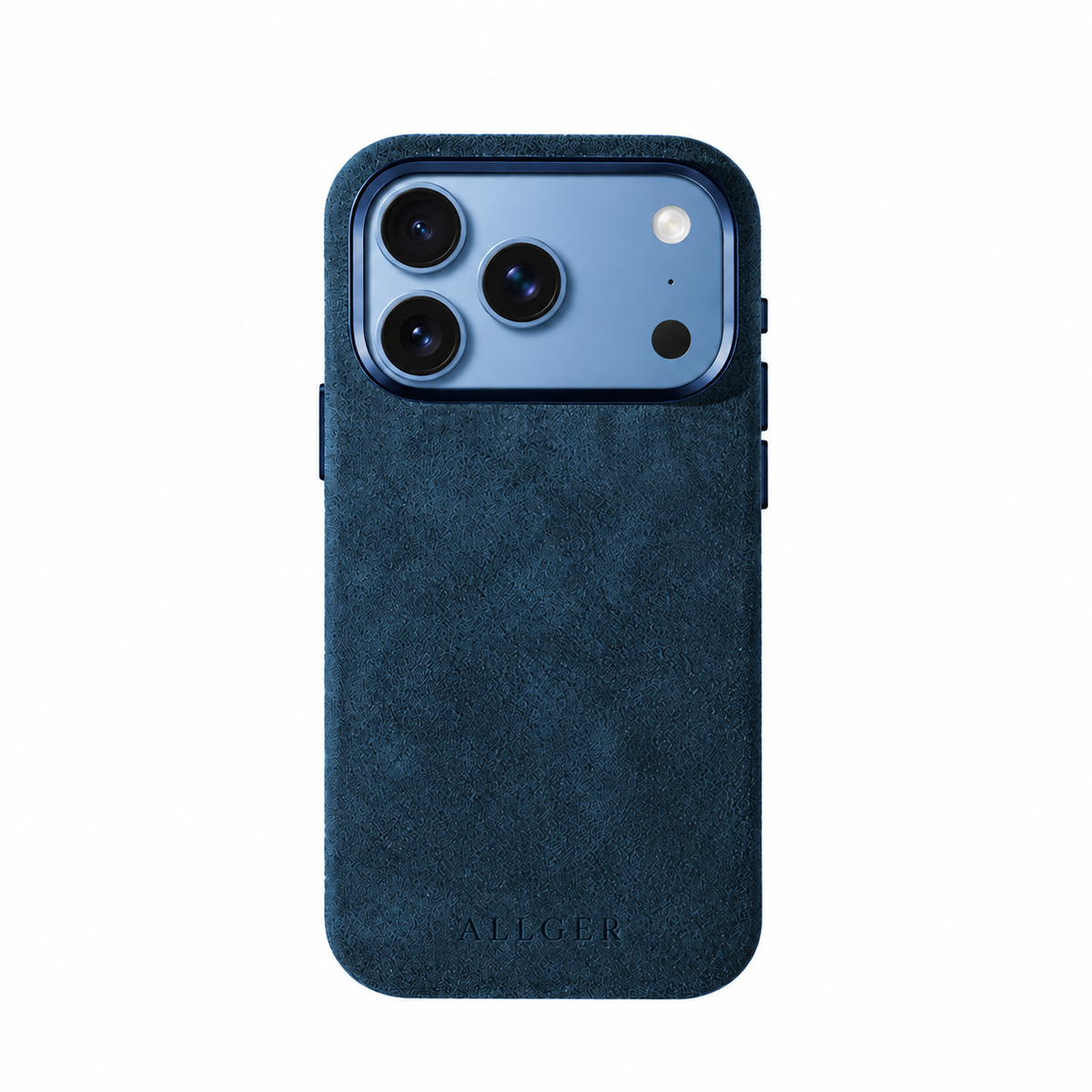 Allgèr Alcantara telefoonhoesje blauw voor iPhone 18 Pro en Pro Max — achterkant van het hoesje met camera-uitsparing